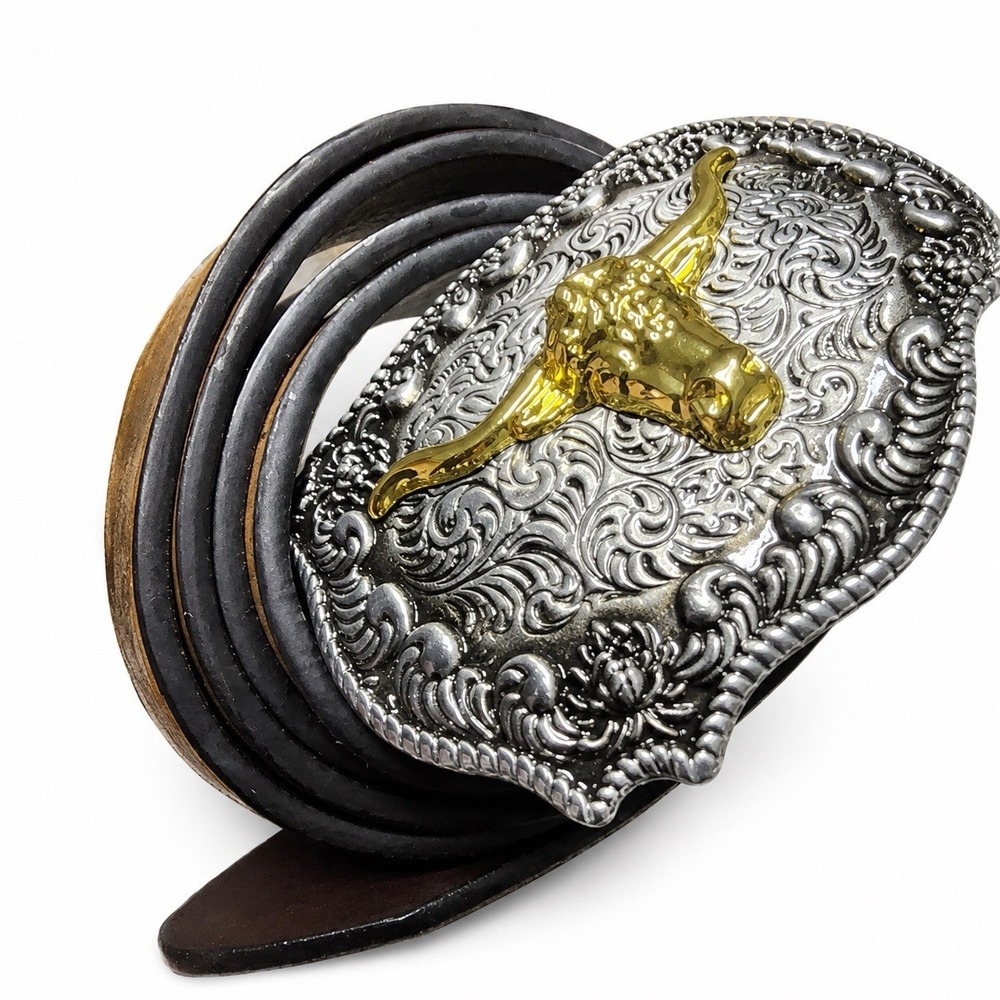 Brown Faux Leather Western Belt Kangaroo Floral Gold Silver Longhorn Buckle L